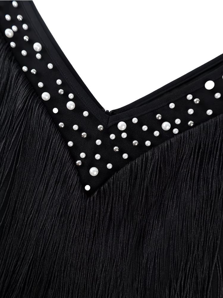 Svart Elegant Jumpsuit V-Hals Pärlbroderi Patchwork Tofs Lång Ärm Slim Fit Kontorskläder Fest Dam En Del Romper Outfit