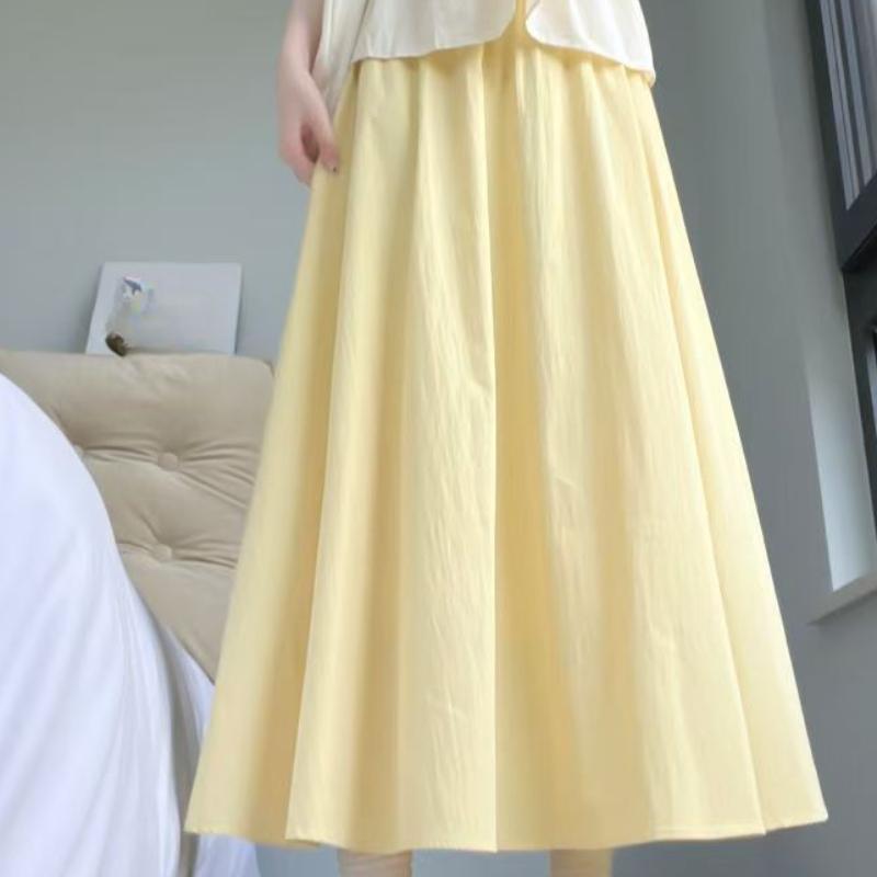 

Женская юбка-макси А-силуэта со складками, светлого цвета, с высокой посадкой - Летняя из тонкой ткани, расклешенная, силуэта зонт для облегающего кроя XL жёлтый