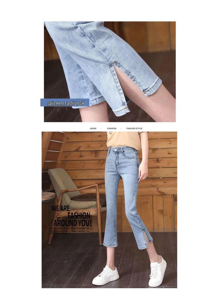 Petite High-Waisted Women's Slimming Straight-Leg Jeans – Elastic, Split, Nine-Point Cigarette Pants