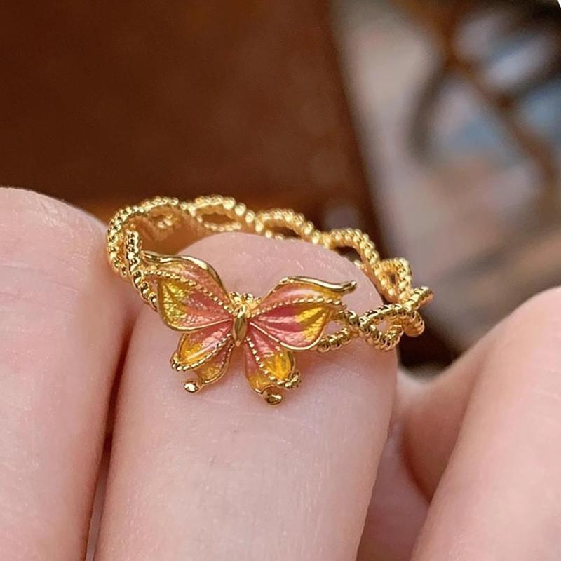 Elegant Vintage Gold Butterfly Ring For Women Featuring Unique Twisted Enamel And Open Design