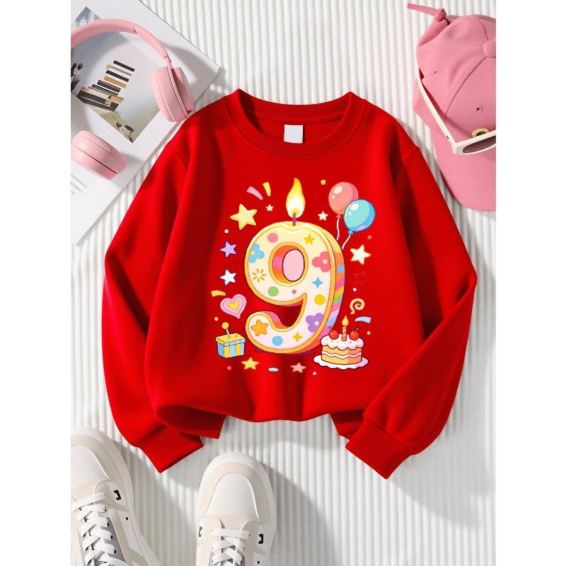 European Sizes Girls Soft Crewneck Sweatshirt Nine Birthday Candle Number Print Design, Casual All-Match, Ideal Holiday Present