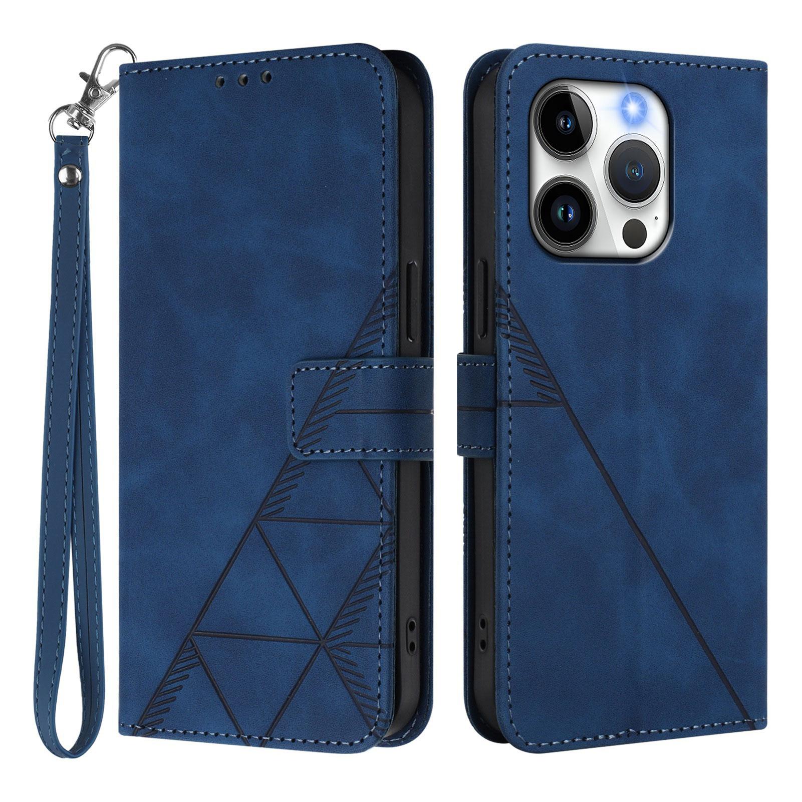 

For iPhone 15 Pro Leather Case with Hand Strap Wallet Stand Phone Cover Sapphire