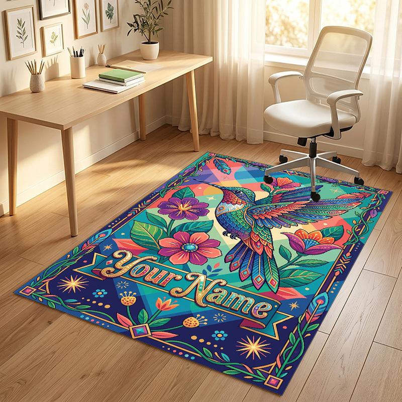 Hummingbird Fantasy Theme Soft Crystal Velvet Rug Custom Name & Text Print Non Slip Floor Rug for Bedroom Living Room