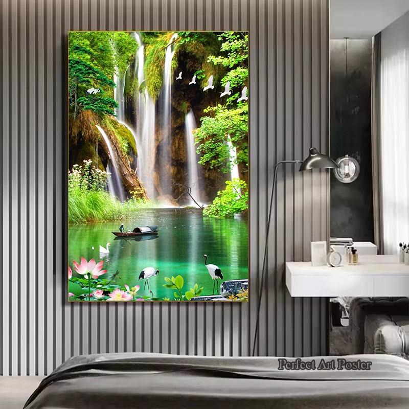 Natürlicher Wasserfall Paradies Grüner Berg Wald See Landschaft Poster Leinwand Malerei Wandkunst Bilder Heimdekor Geschenk