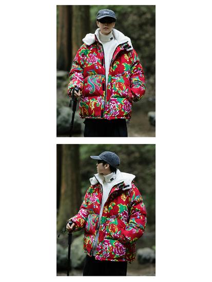 A1 Hanfu Team Uniform: Warm Couple's Lambswool Coat with Detachable Hood, Chinese Style, Cold-Protection, Big Flower Design.