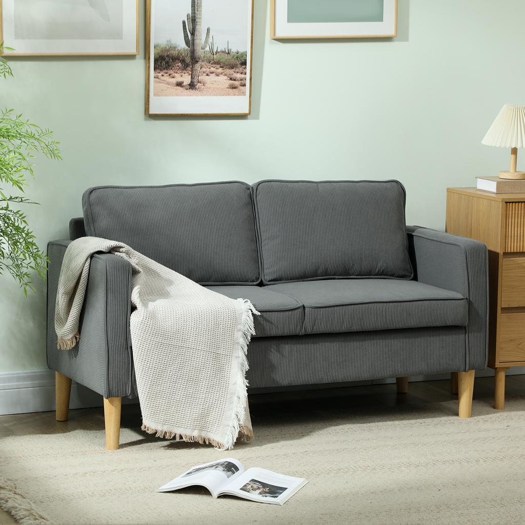 2-Seater Sofa with Storage Space and 2 Cushions, In Velvet-Effect Fabric and Wood, 140x63x79 Cm, Grey