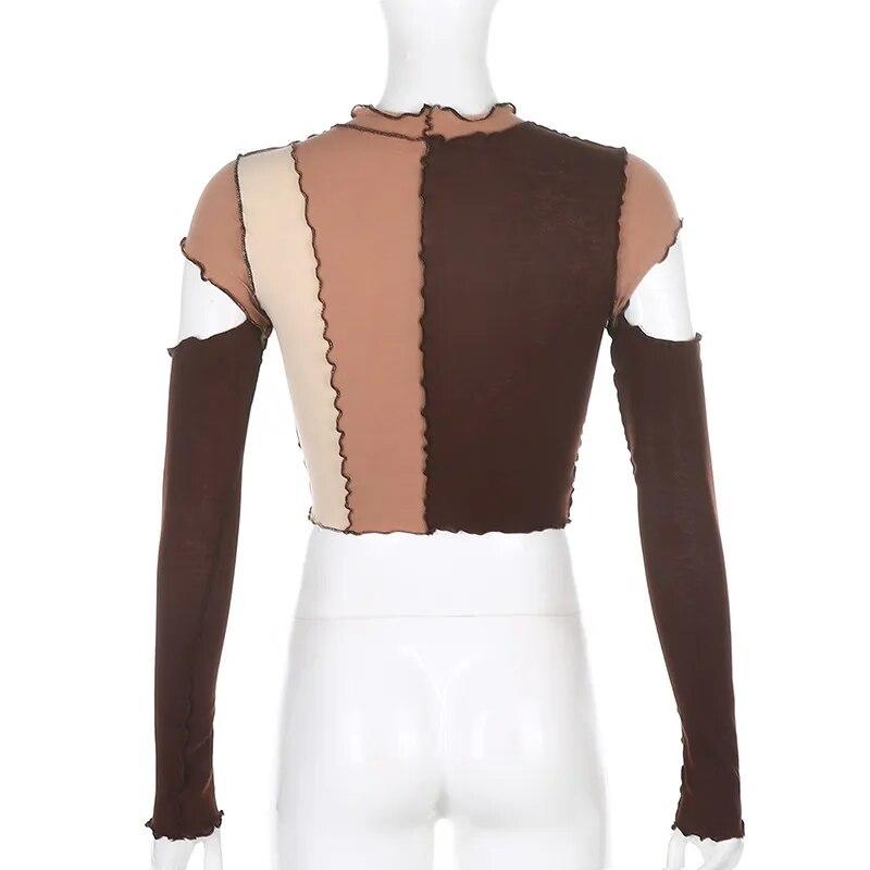 VAYLA Frill T Shirt Cut Out Crop Top For Women Y2K Pullovers Contrast Long Sleeve Short T Shirt Harajuku Clubwear Autumn Top