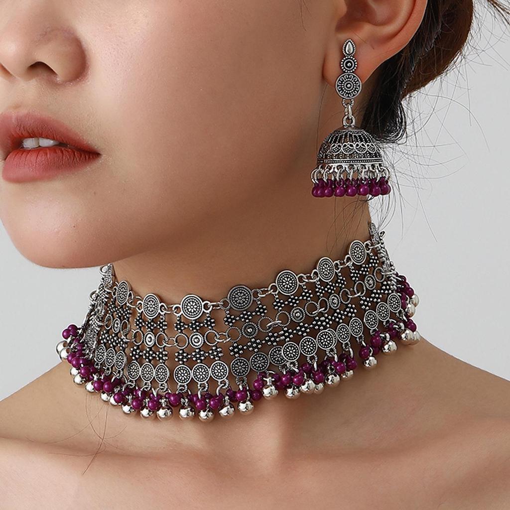 Bohemian Exotic Rhinestone Tassel Necklace & Earrings Set In Antiqued Alloy