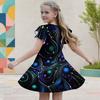 Girls Round Neck Flutter Short Sleeve A Line Flared Hem Printed Dress Black Green Gold