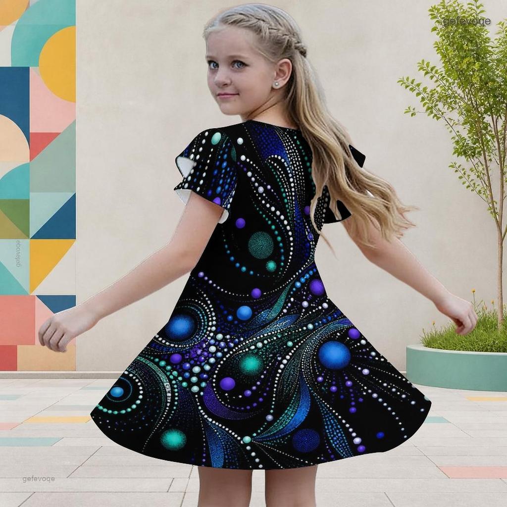 Girls Round Neck Flutter Short Sleeve A Line Flared Hem Printed Dress Black Green Gold