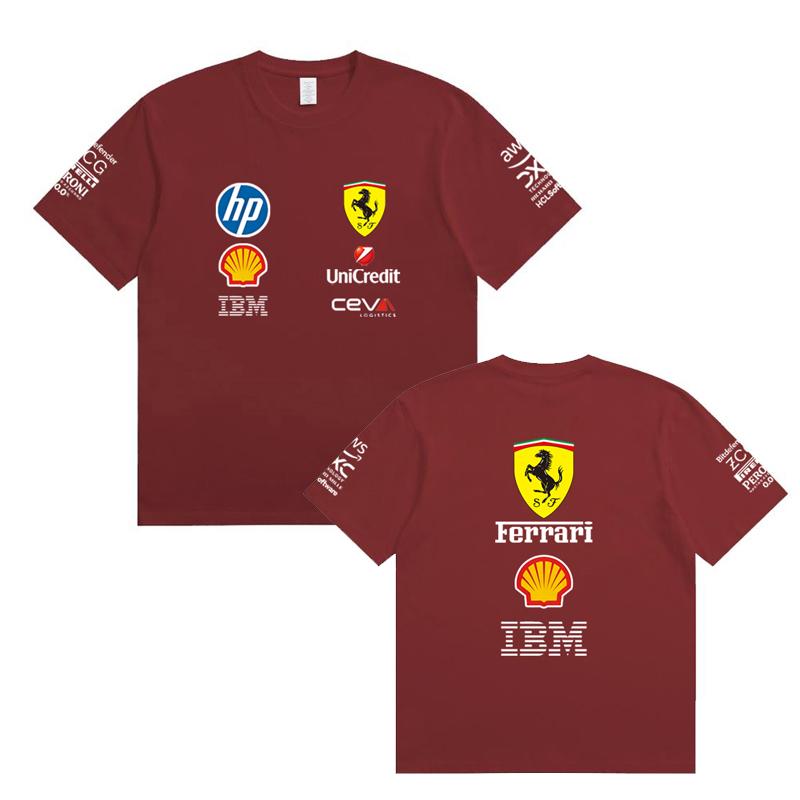 Camiseta Oversized de Casal Ferrari F1 Racing Estampa Clássica de Logo de Patrocinador Manga Curta Casual de Motorsport Streetwear