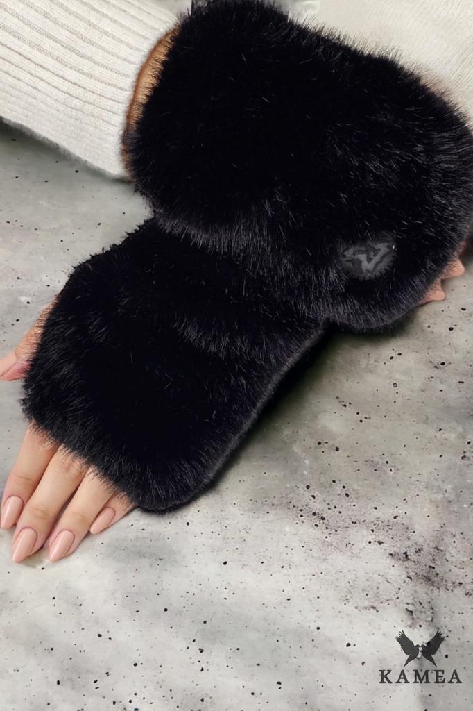 Aster-Mittens, Fingerless Gloves, Eco Fur, Soft Like Chinchilla, Black
