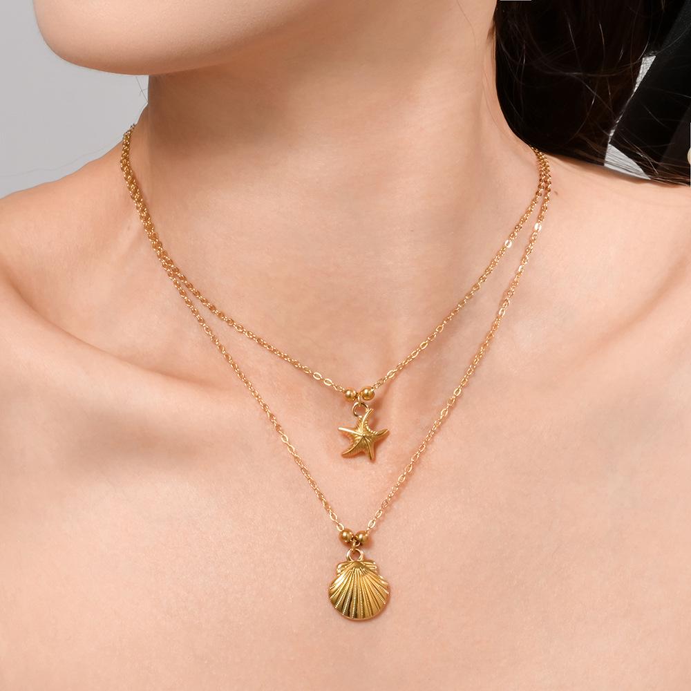Ocean Series Double-Layer Starfish & Seashell Necklace for Women - Salt Spray Test Passed