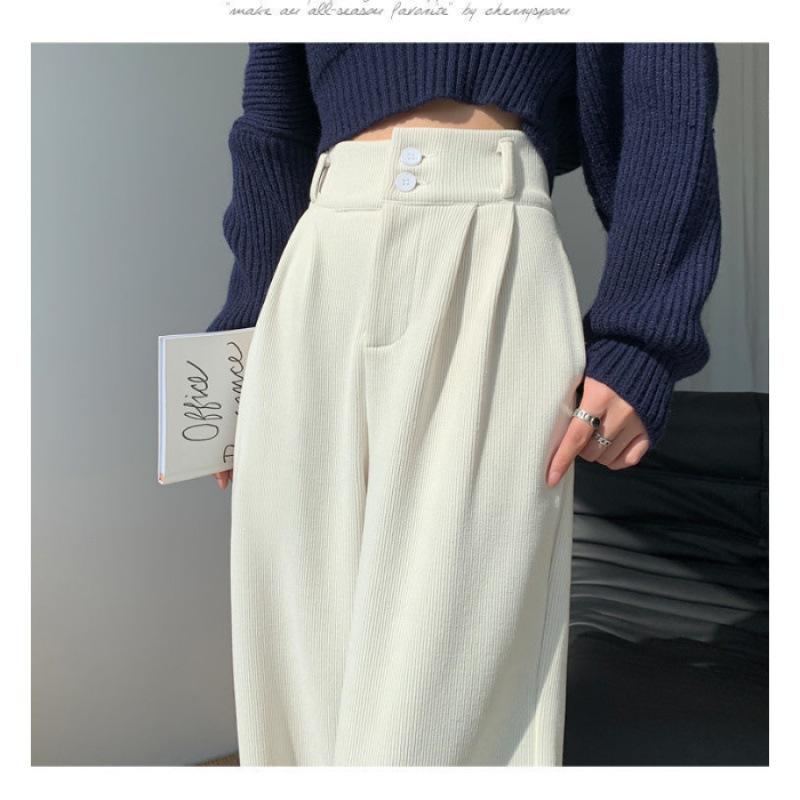 Ins Trendy Women Korean High Street Wide Leg Trouser Autumn Winter Thick Warm Women's Pant Fashion Corduroy Loose Button Trouser