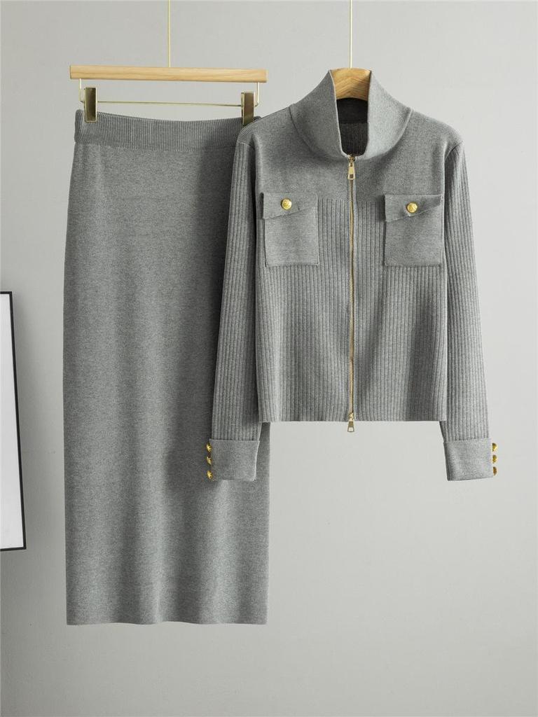 Women's Polo Collar Zipper Cardigan & Knit Skirt Two-Piece Set - Spring/Autumn Fashion.