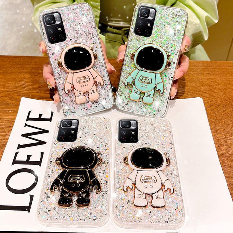 Astronaut Stand Glitter Silicone Case For Xiaomi Redmi Note 11 11S 10 10S 9 9S 9A 9C 10C 9T POCO X3 X4 F4 Gold Silver Foil Cover