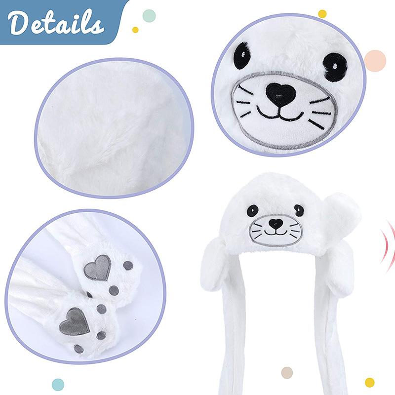 Seal Animal Ear Move Hat White Plush Bunny Ears Moving Jumping Up Toys Dress Up Funny Cosplay Party for Kids Christmas Gift