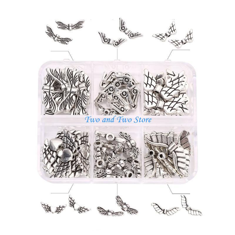 HX6F 6/8 Styles Wing Beads Angel Wing Charm Alloy Spacer Bead Antique Silver Color