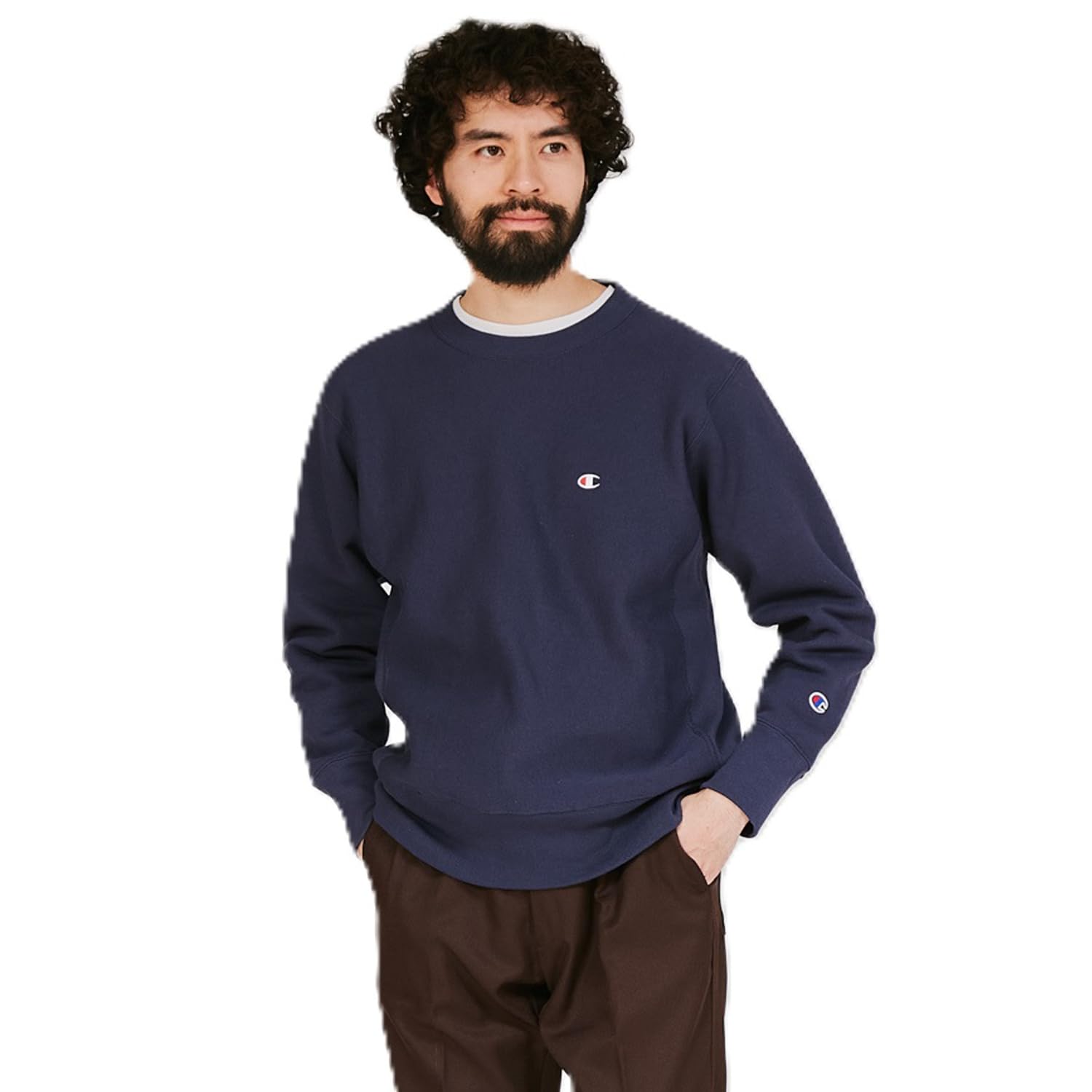 

Champion Reverse Crew Neck Long Dark Size M Weave® Sweatshirt, 11.5oz, Sleeve, Fleece-Lined, One-Point Logo, C3-Y033, Men s, Navy,