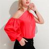 Women Fashion One-sleeve Loose and Thin Casual Slim Shirt Chic Solid Color Long-sleeved Asymmetrical Shirt