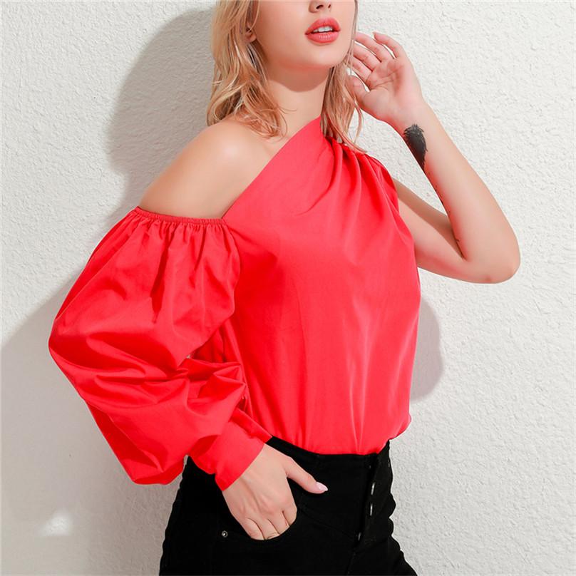 Women Fashion One-sleeve Loose and Thin Casual Slim Shirt Chic Solid Color Long-sleeved Asymmetrical Shirt