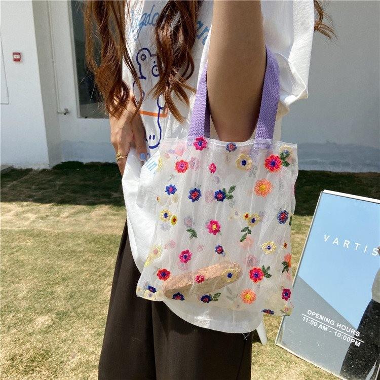 Стильная гендерно-нейтральная вышитая сетчатая сумка-тоут с цветком для повседневных выходов Multicolor Flower