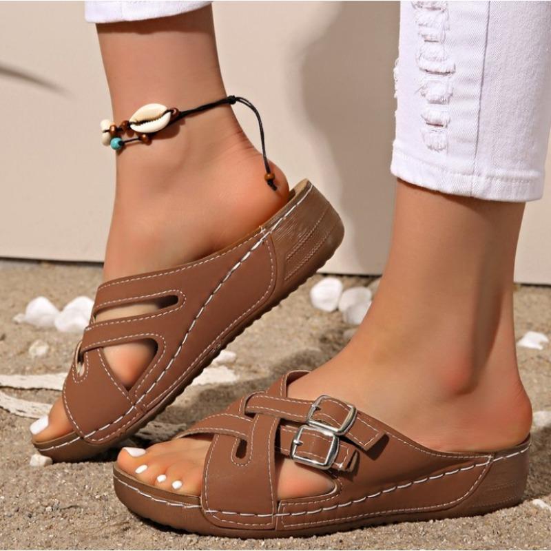 Fashion Metal Buckle Sandals for Women 2025 Summer New Fashion Versatile Cross Flats Casual Breathable Lightweight Comfortable