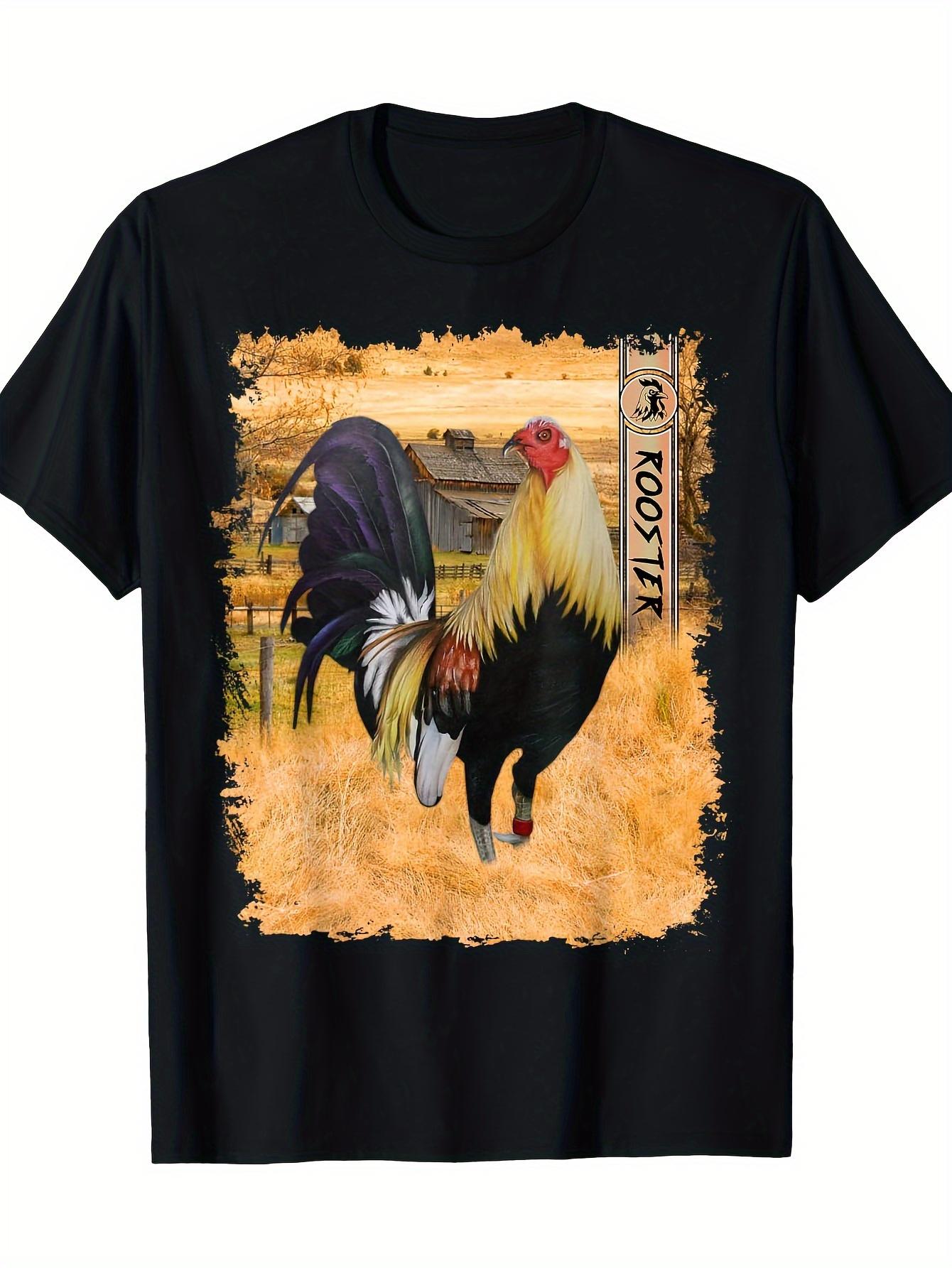 Vintage Rooster & Chicken Fighter Graphic T-shirt - Black Cotton XXXL