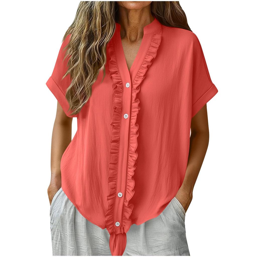 Women's Casual Short-Sleeve Cotton Linen Ruffled Button-Up Shirt