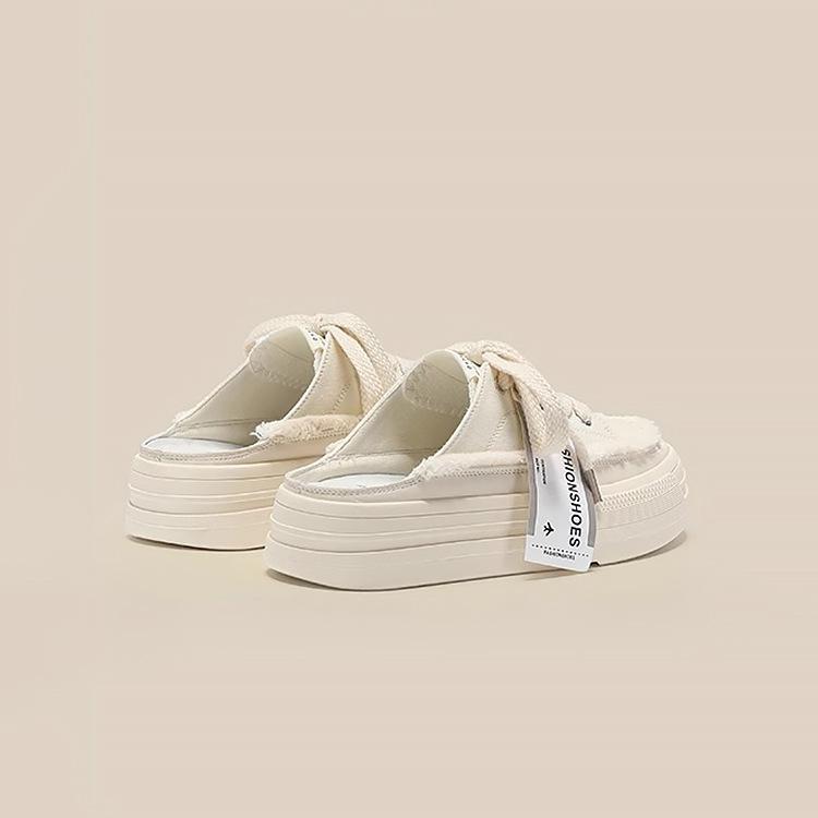 Yiyuan one-pedal biscuit bag head half slippers women's 2025 summer new thick-soled heightening beggar canvas casual shoes