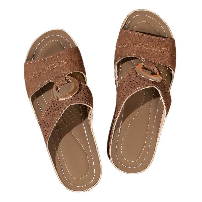 Ciabatte da Donna con Zeppa e Suola Spessa, Traforate, Stile Euro Americano con Fibbie Metalliche