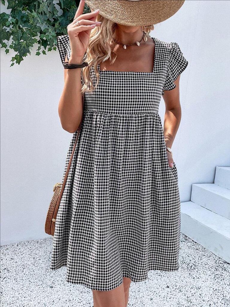 European & American Women's Ruffle Sleeve Square Neck Plaid High-Waisted Dress