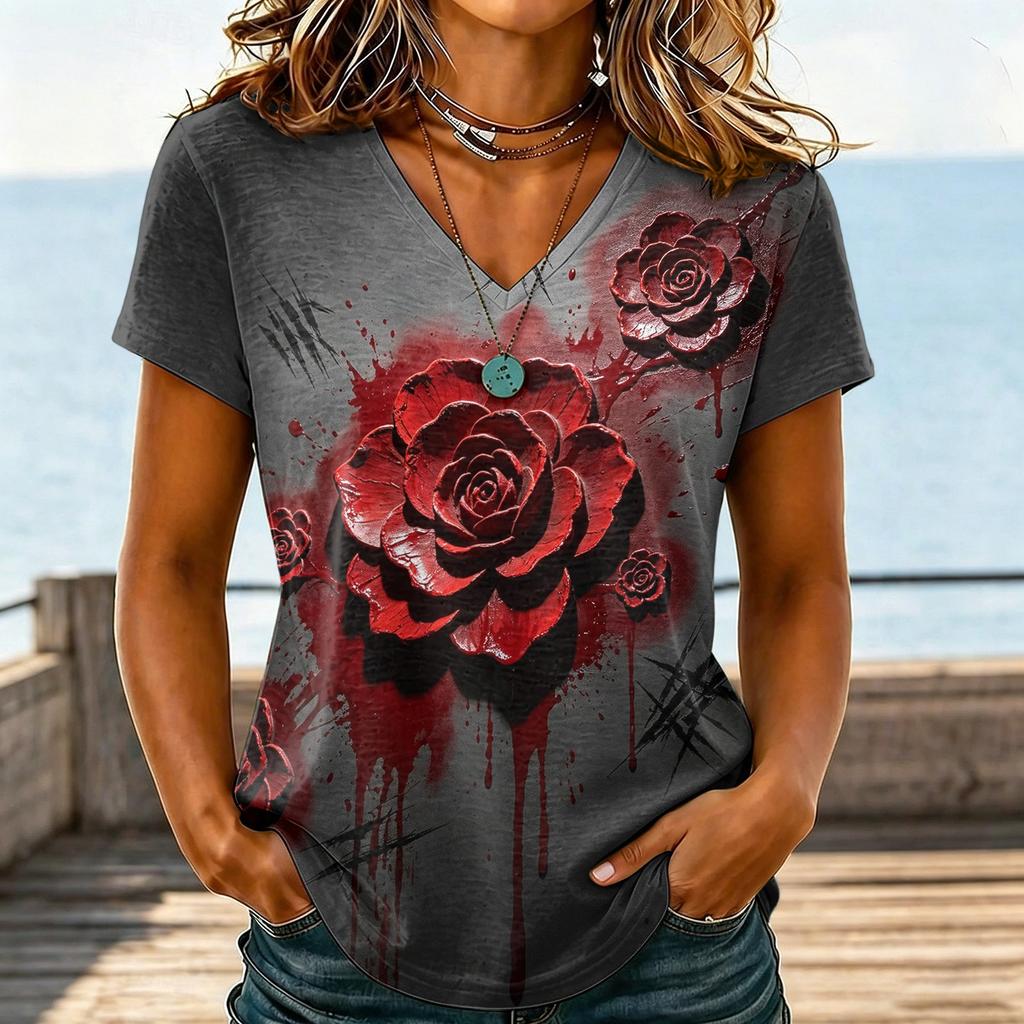 Damen Casual V-Ausschnitt Halloween Aufdruck T-Shirt für Party Kostüm