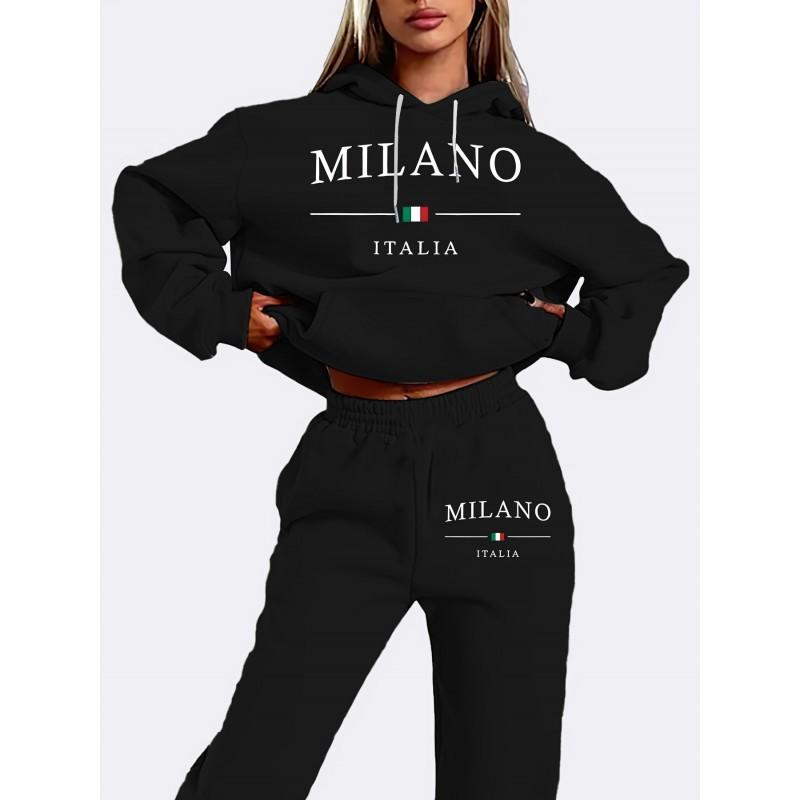 Womens Casual Hoodie Set Long Sleeve Sportswear Street Style Printed Loungewear