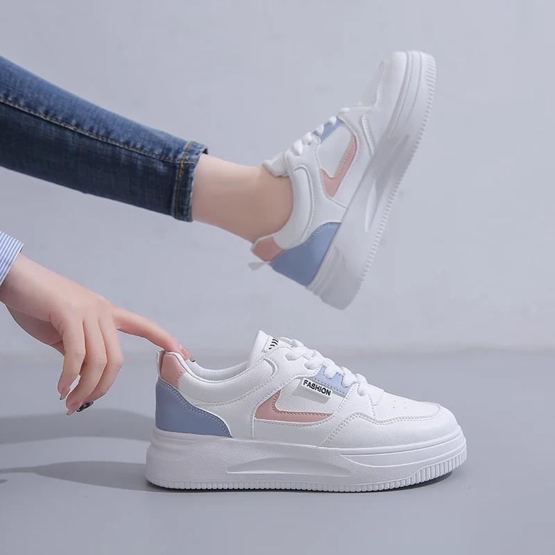 Korean women's sports shoes - white shoes, thick soled women's flat shoes, fashionable student casual walking shoes