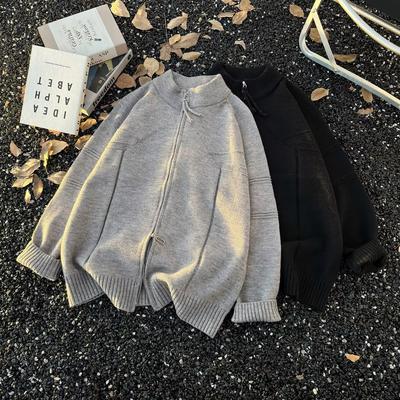 Amerikaanse Cardigan Sweater met Dubbele Rits, Opstaande Kraag en Lange Mouwen