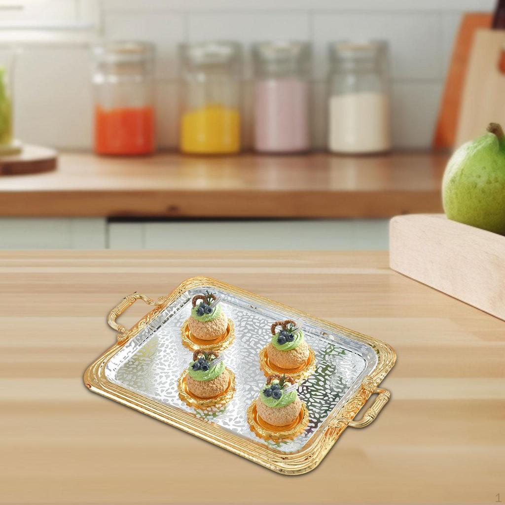 Tavă de servire decorativă din fier forjat cu mânere, pentru deserturi, bijuterii, vanitate pentru cafenele