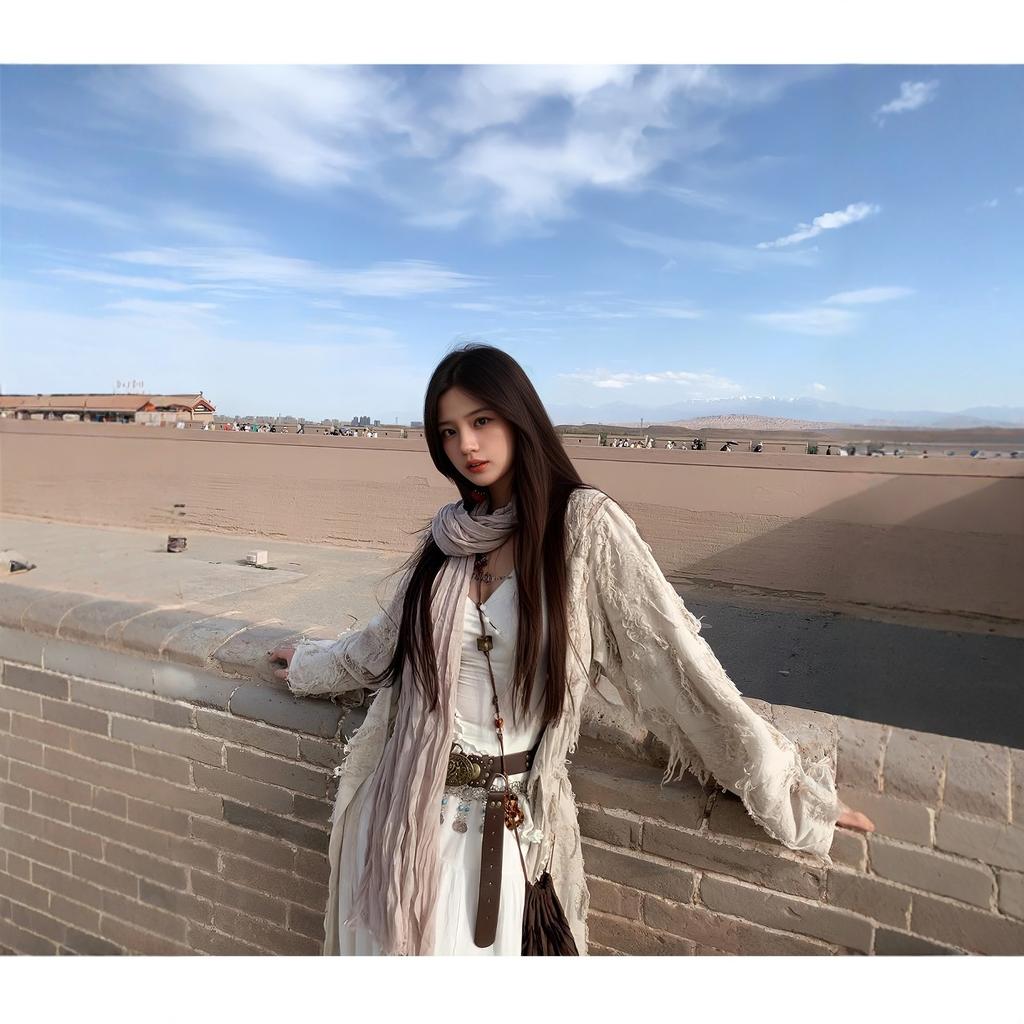 Beige Retro Literary Scarf Women's Spring and Autumn Travel Shawl Wasteland Style Vintage Silk Shawl Fashion Trend