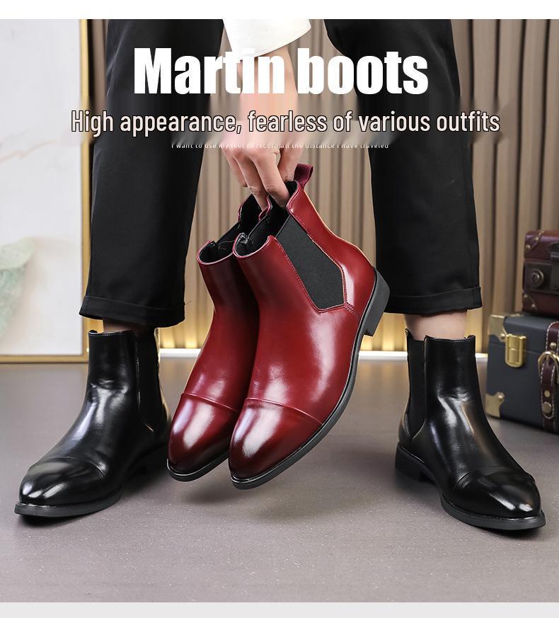 Men's Red Leather Pointed Toe Slip-On Chelsea Boots - High-Top Casual Martin Style, Plus Sizes Available