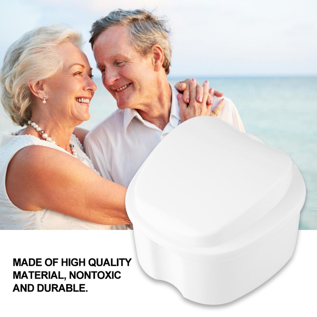 Denture False Teeth Storage Box Case With Filter Screen Dental Appliance White