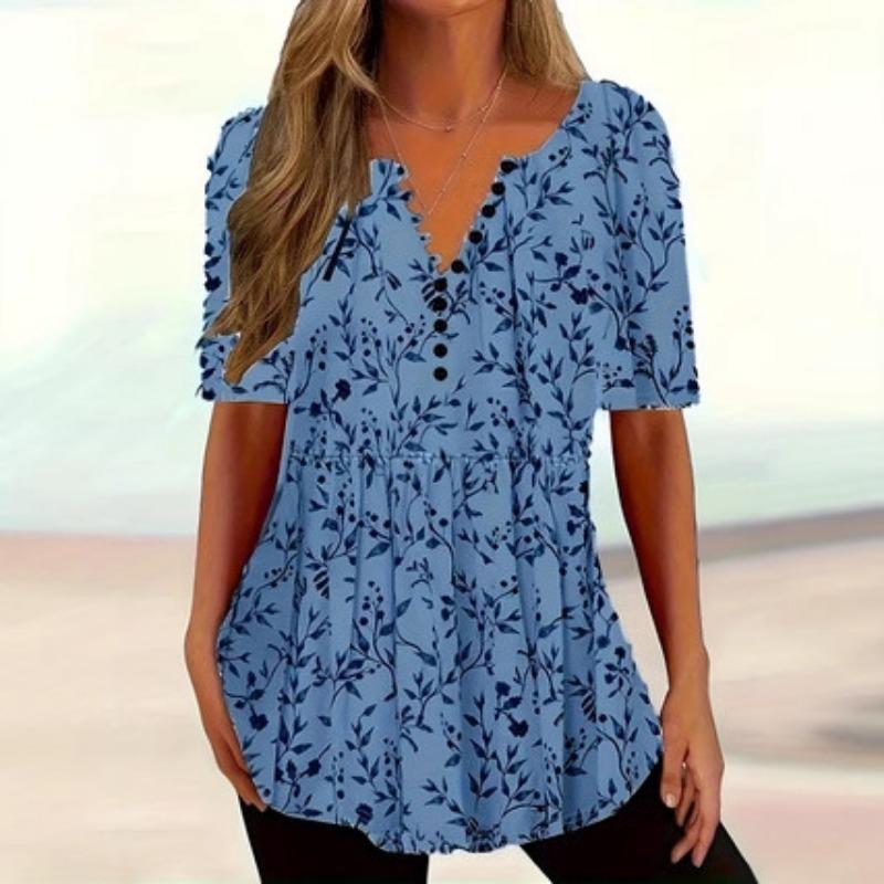Summer Women's V-neck Button Short-sleeved Casual Printed Pullover Top