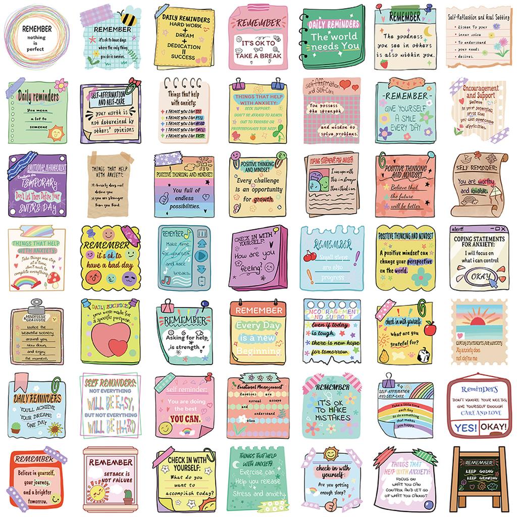 54 Pieces of Mental Health Sticky Notes PVC Stickers for Waterproof Luggage, Skateboard and Car Stickers