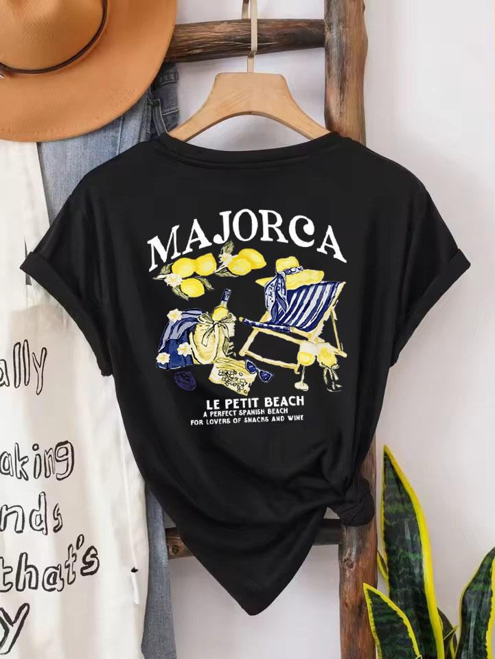 

Retro Aesthetic Picnic Fruit Tshirt Majorca Coastal Beach Graphic Tops Vintage Cotton Women Shirt Loose Short Sleeve Female Tees 2XL
