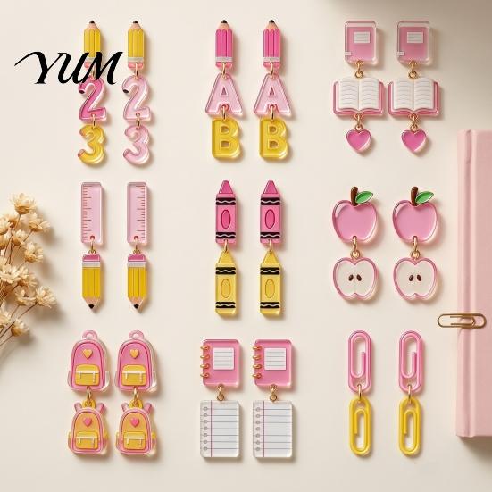Personalized School Life Ornaments 1 Pair Teacher Earrings for Women, Cute 2D Acrylic Crayon Pencil Backpack Fun Back to Jewelry Number Alphabet