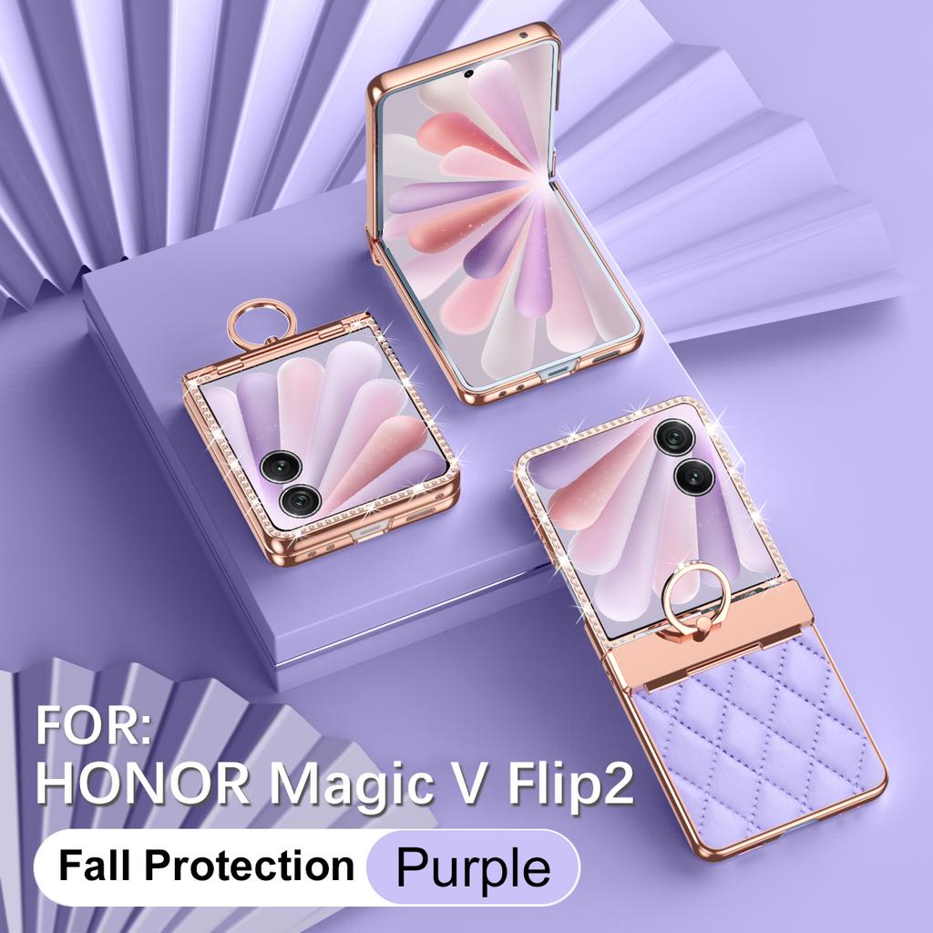Luxury Fashion Diamonds Leather Plating Ring Holder Phone Case For Honor Magic V Flip 2 Hinge Full Protection V Flip2 Cover