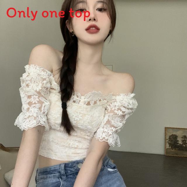 French Style Off Shoulder Lace Short Sleeve Shirt For Women With 3d Embroidery And Slim Fit