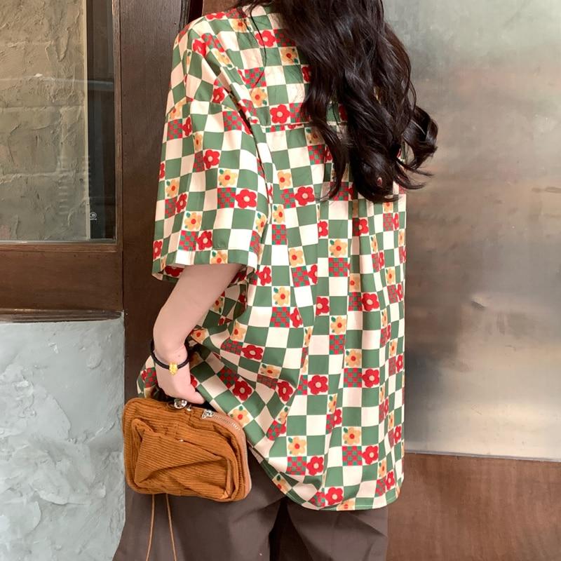 Women Korean Grunge Loose Casual Shirt All Match Aesthetic Colorful Floral Plaid Blouse Fashion Sweet Harajuku Cute Tops