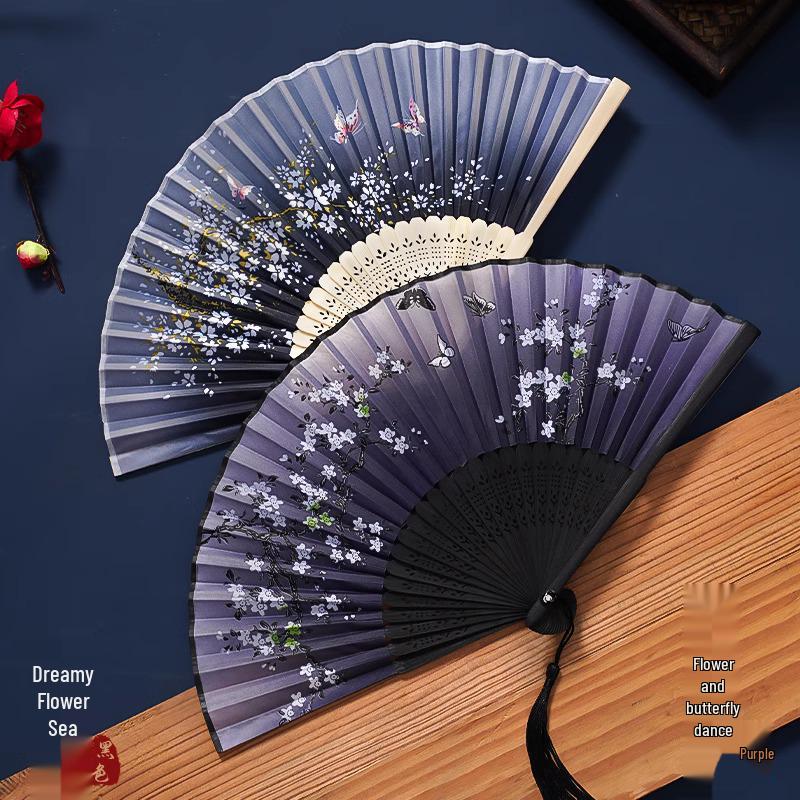 Ancient Chinese Style Black Bamboo Folding Fan for Women's Hanfu Dance Costume
