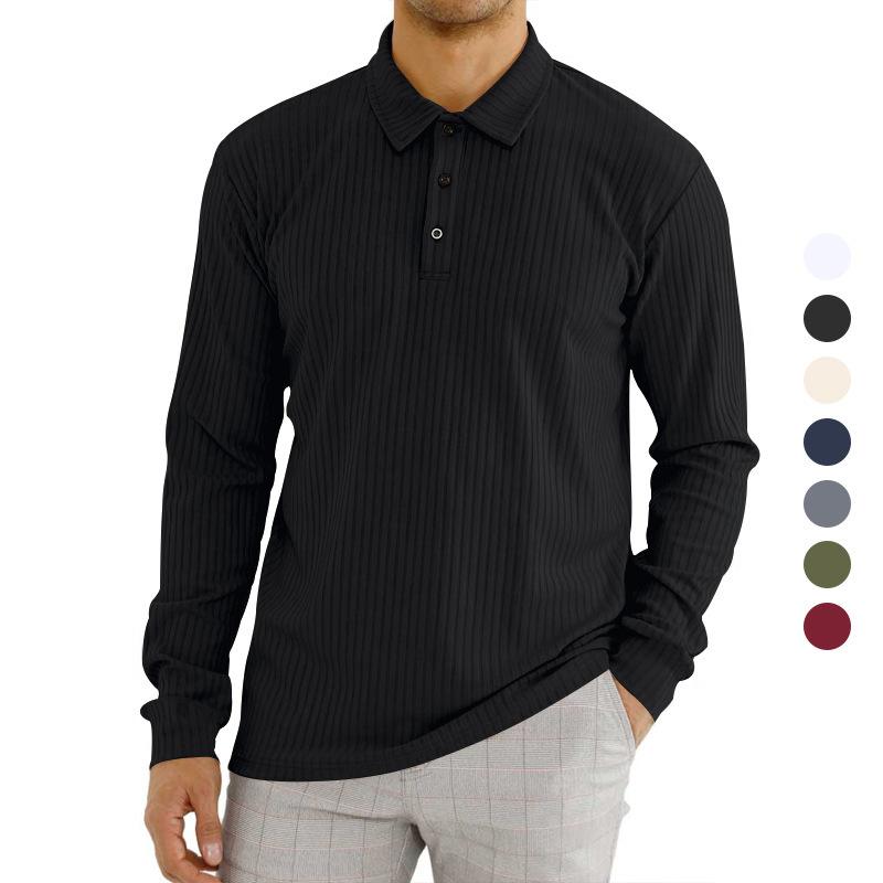 European and American Style Men's Spring Autumn Long Sleeve T-shirt Solid Buttoned Turn Down Collar Polo Shirt
