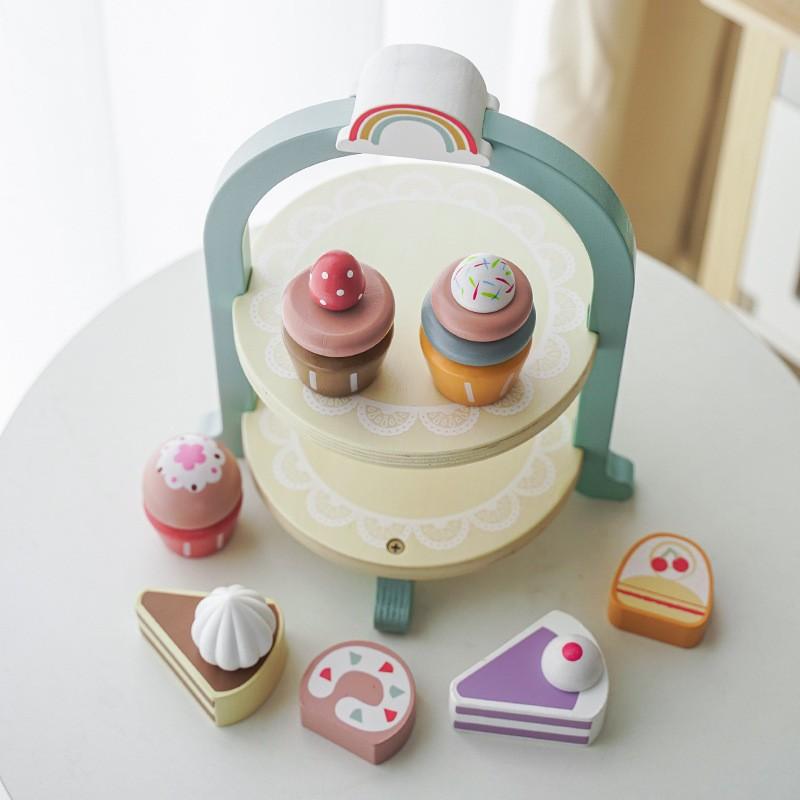 Baby Play House Double Ice Cream Dessert Tower Ice Cream Cabinet Wooden Tea Set Cutting Kitchen Simulation Toys